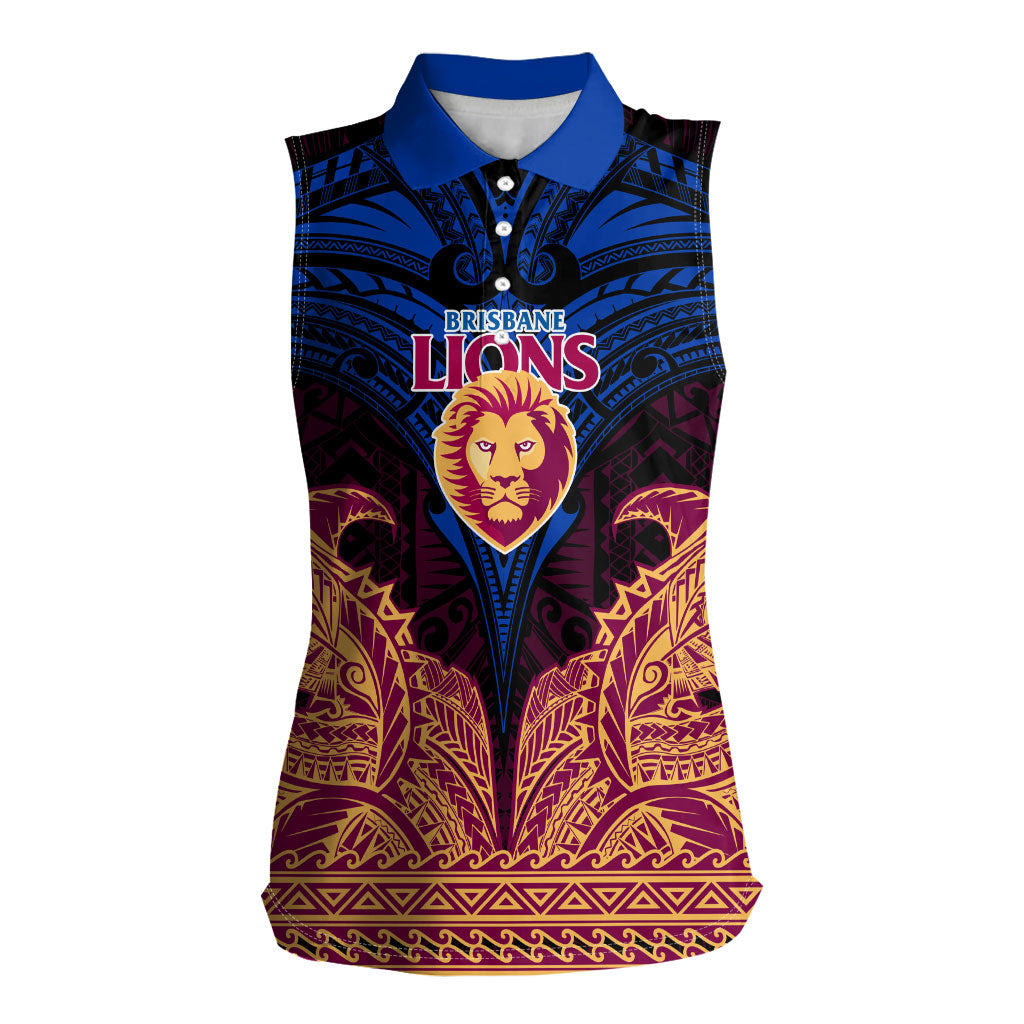 Personalized Brisbane Lions Women Sleeveless Polo Shirt Polynesian Tribal Lion Burgundy Gold Warrior