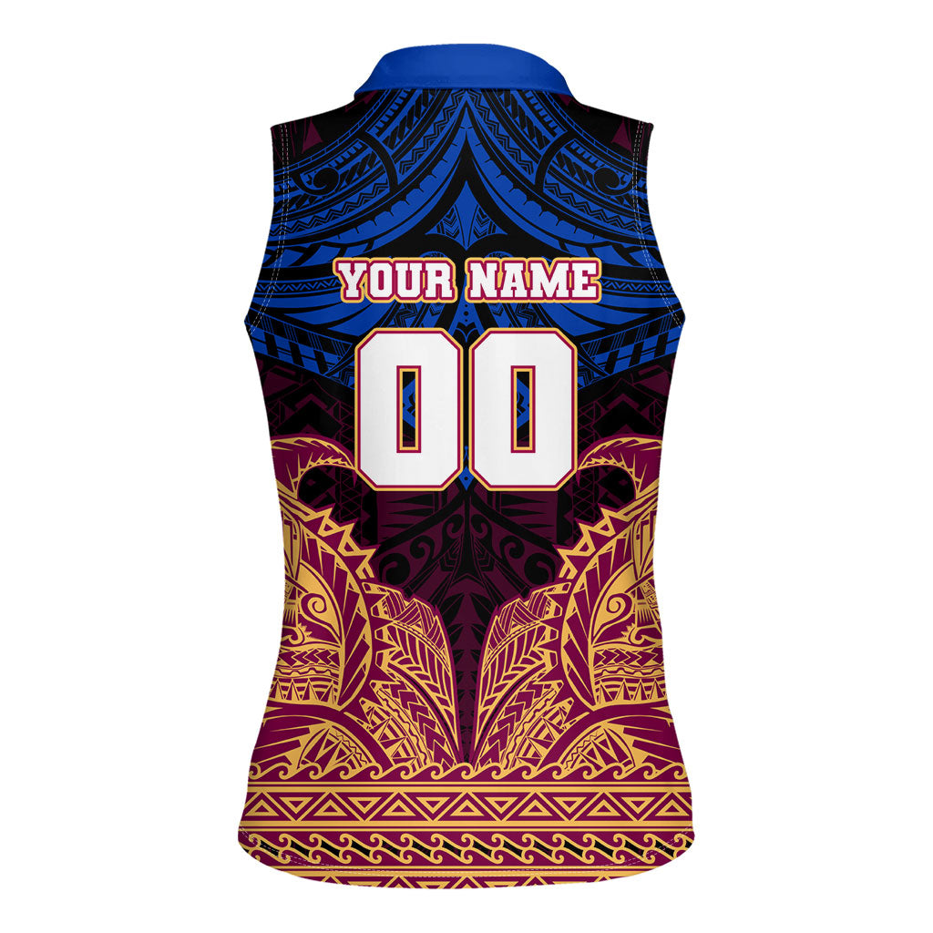 Personalized Brisbane Lions Women Sleeveless Polo Shirt Polynesian Tribal Lion Burgundy Gold Warrior