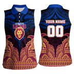 Personalized Brisbane Lions Women Sleeveless Polo Shirt Polynesian Tribal Lion Burgundy Gold Warrior