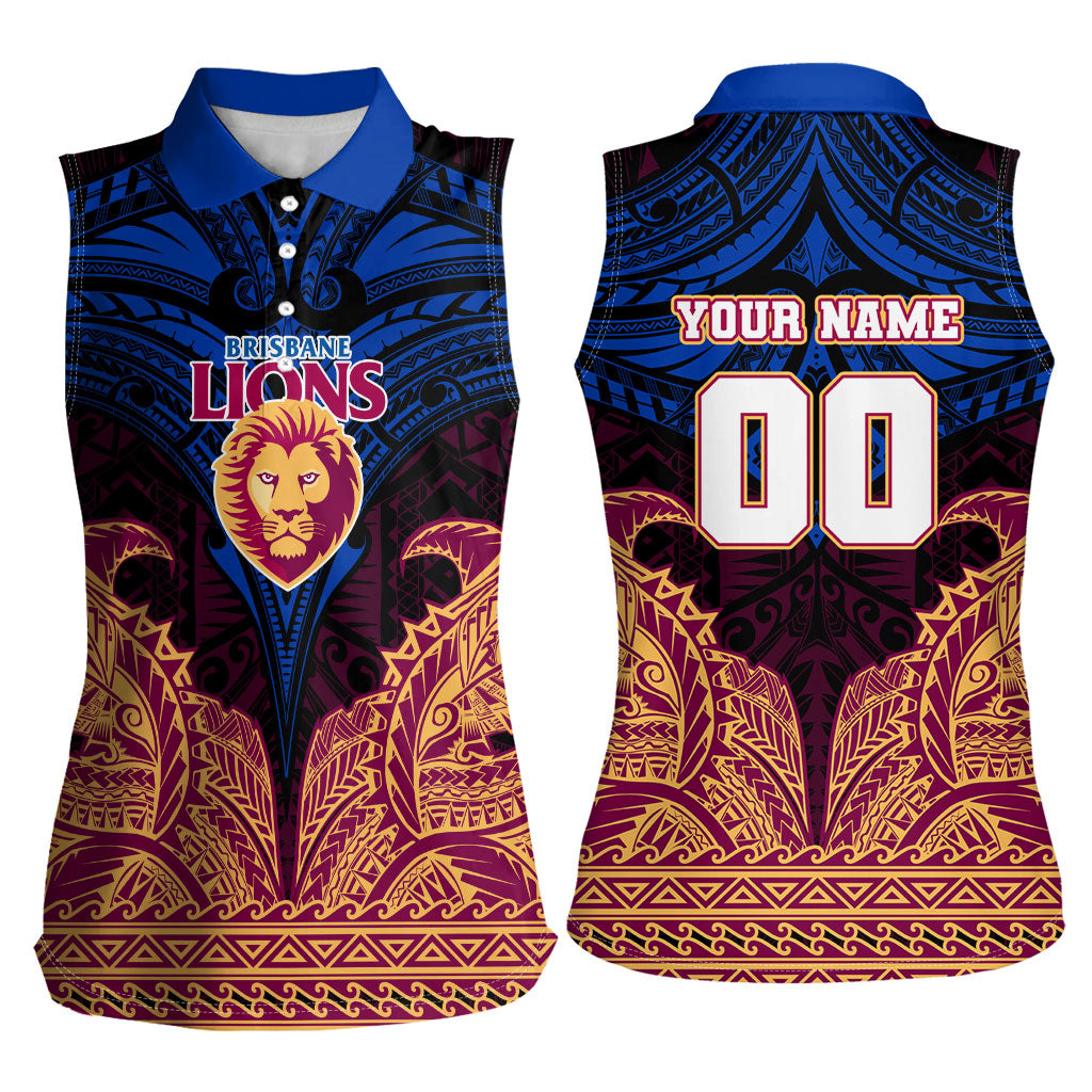 Personalized Brisbane Lions Women Sleeveless Polo Shirt Polynesian Tribal Lion Burgundy Gold Warrior