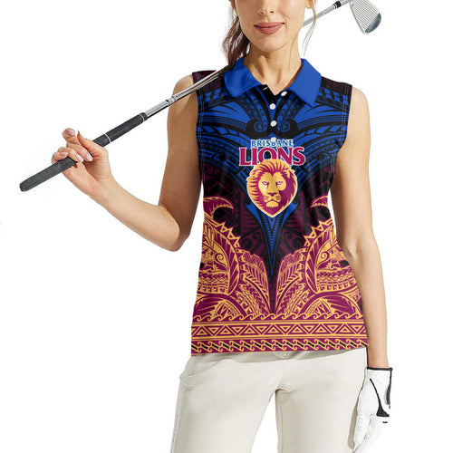 Personalized Brisbane Lions Women Sleeveless Polo Shirt Polynesian Tribal Lion Burgundy Gold Warrior