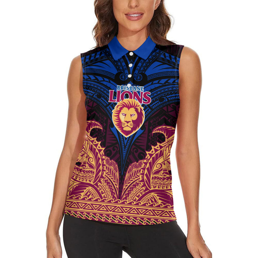 Personalized Brisbane Lions Women Sleeveless Polo Shirt Polynesian Tribal Lion Burgundy Gold Warrior