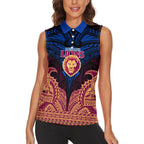 Personalized Brisbane Lions Women Sleeveless Polo Shirt Polynesian Tribal Lion Burgundy Gold Warrior