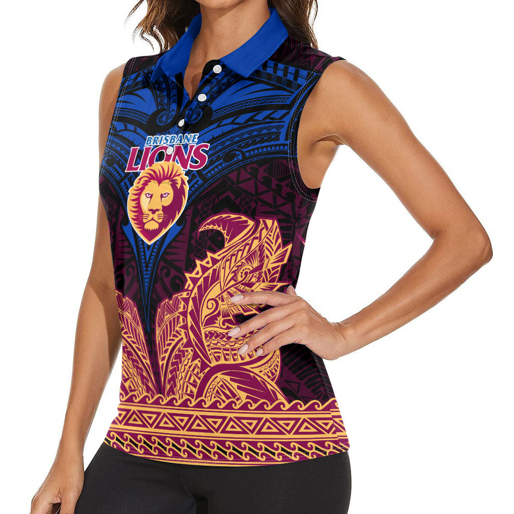 Personalized Brisbane Lions Women Sleeveless Polo Shirt Polynesian Tribal Lion Burgundy Gold Warrior