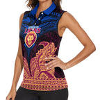Personalized Brisbane Lions Women Sleeveless Polo Shirt Polynesian Tribal Lion Burgundy Gold Warrior