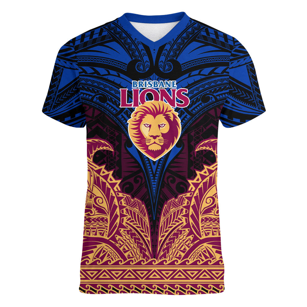 Personalized Brisbane Lions Women V-Neck T-Shirt Polynesian Tribal Lion Burgundy Gold Warrior