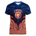 Personalized Brisbane Lions Women V-Neck T-Shirt Polynesian Tribal Lion Burgundy Gold Warrior