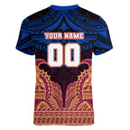 Personalized Brisbane Lions Women V-Neck T-Shirt Polynesian Tribal Lion Burgundy Gold Warrior