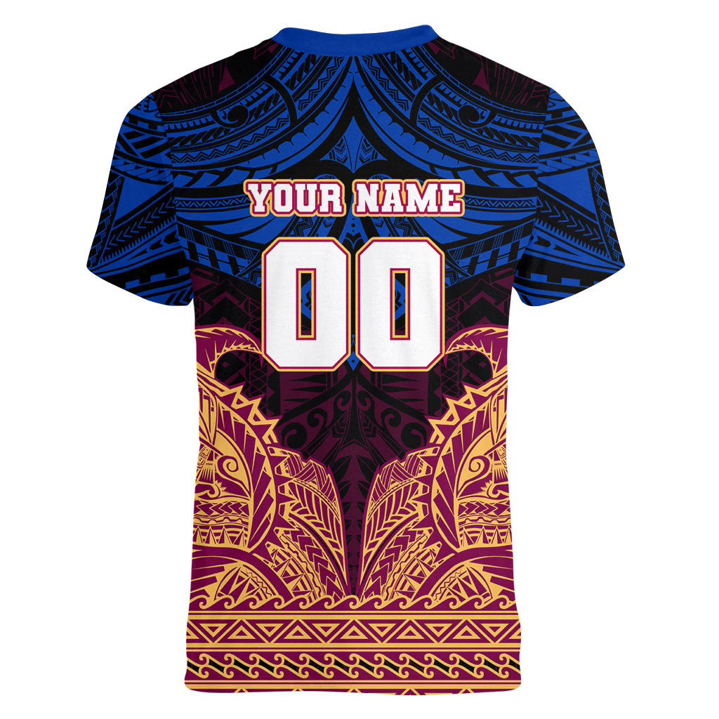 Personalized Brisbane Lions Women V-Neck T-Shirt Polynesian Tribal Lion Burgundy Gold Warrior