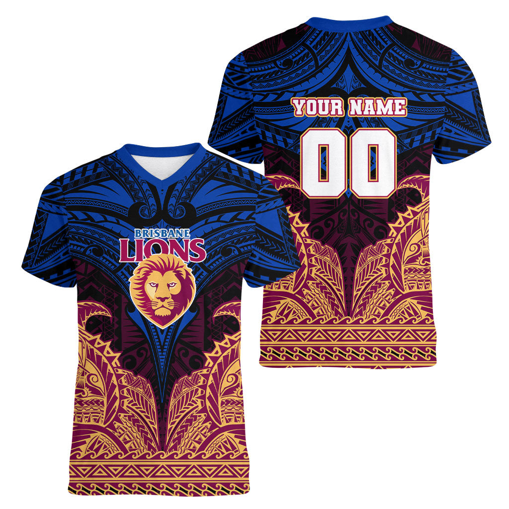 Personalized Brisbane Lions Women V-Neck T-Shirt Polynesian Tribal Lion Burgundy Gold Warrior