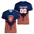 Personalized Brisbane Lions Women V-Neck T-Shirt Polynesian Tribal Lion Burgundy Gold Warrior