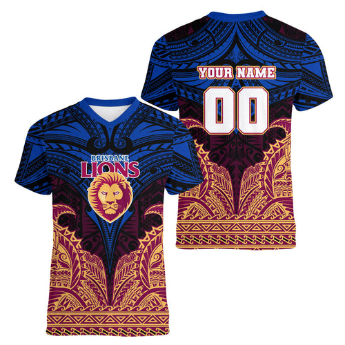 Personalized Brisbane Lions Women V-Neck T-Shirt Polynesian Tribal Lion Burgundy Gold Warrior