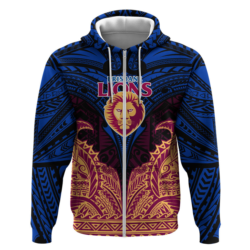 Personalized Brisbane Lions Zip Hoodie Polynesian Tribal Lion Burgundy Gold Warrior