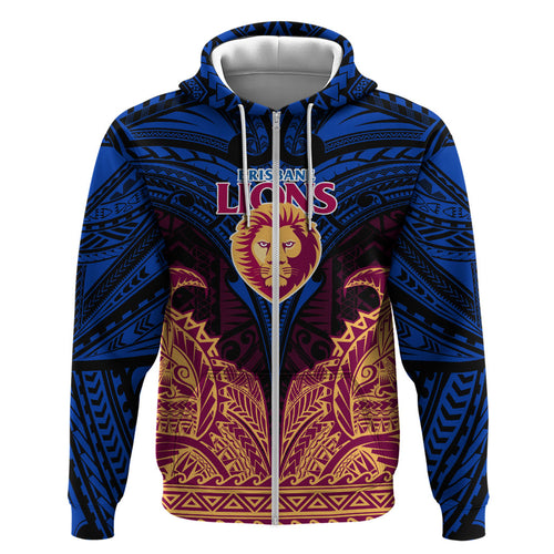 Personalized Brisbane Lions Zip Hoodie Polynesian Tribal Lion Burgundy Gold Warrior