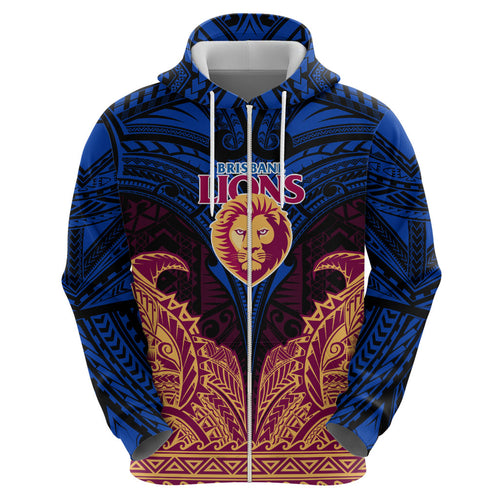Personalized Brisbane Lions Zip Hoodie Polynesian Tribal Lion Burgundy Gold Warrior