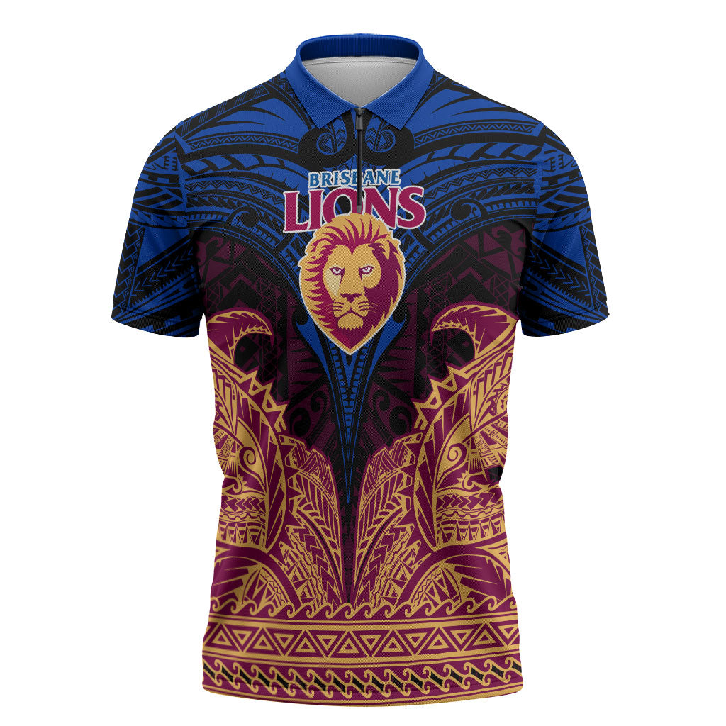 Personalized Brisbane Lions Zipper Polo Shirt Polynesian Tribal Lion Burgundy Gold Warrior