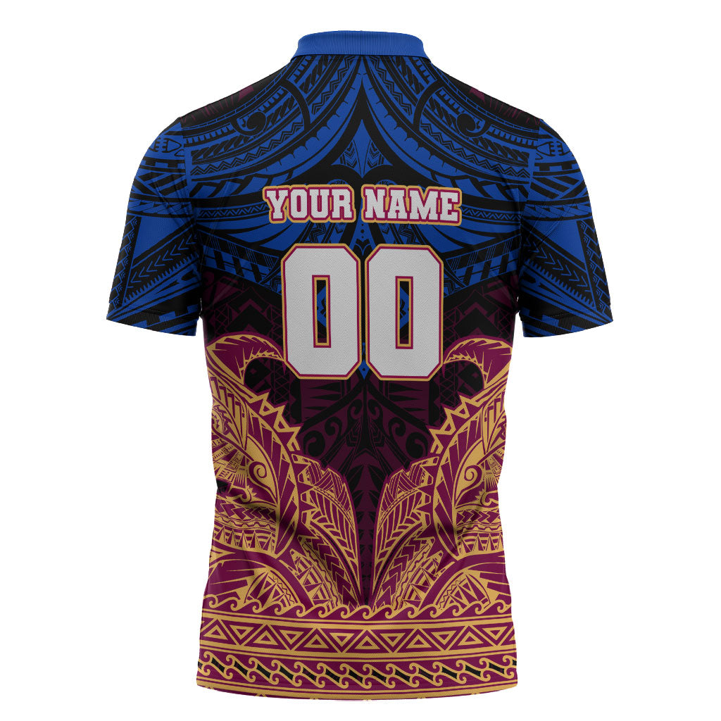 Personalized Brisbane Lions Zipper Polo Shirt Polynesian Tribal Lion Burgundy Gold Warrior