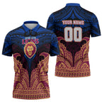Personalized Brisbane Lions Zipper Polo Shirt Polynesian Tribal Lion Burgundy Gold Warrior