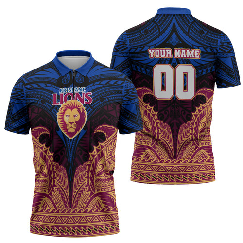 Personalized Brisbane Lions Zipper Polo Shirt Polynesian Tribal Lion Burgundy Gold Warrior