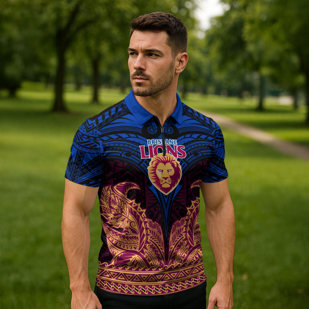 Personalized Brisbane Lions Zipper Polo Shirt Polynesian Tribal Lion Burgundy Gold Warrior