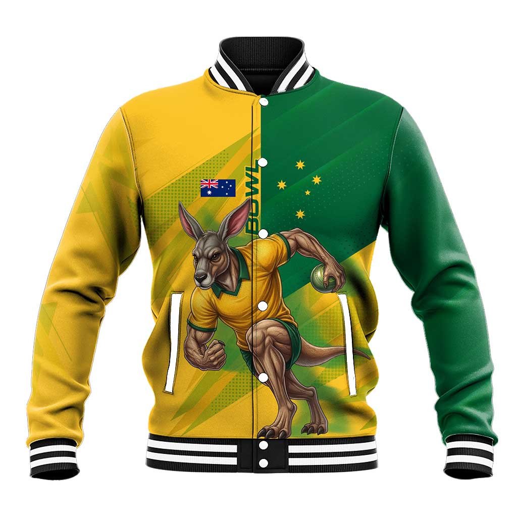 Personalized Australian Jackaroo Lawn Bowls Baseball Jacket Kangaroo Bowler Green Yellow National Spirit Mascot Art