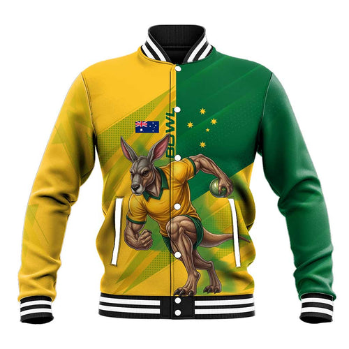 Personalized Australian Jackaroo Lawn Bowls Baseball Jacket Kangaroo Bowler Green Yellow National Spirit Mascot Art
