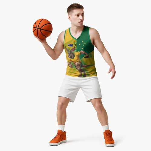 Personalized Australian Jackaroo Lawn Bowls Basketball Jersey Kangaroo Bowler Green Yellow National Spirit Mascot Art