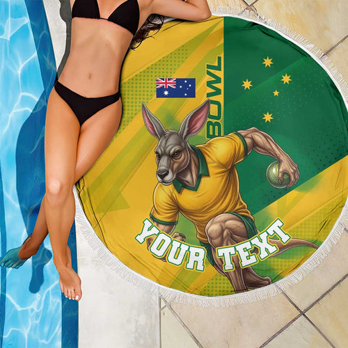 Personalized Australian Jackaroo Lawn Bowls Beach Blanket Kangaroo Bowler Green Yellow National Spirit Mascot Art