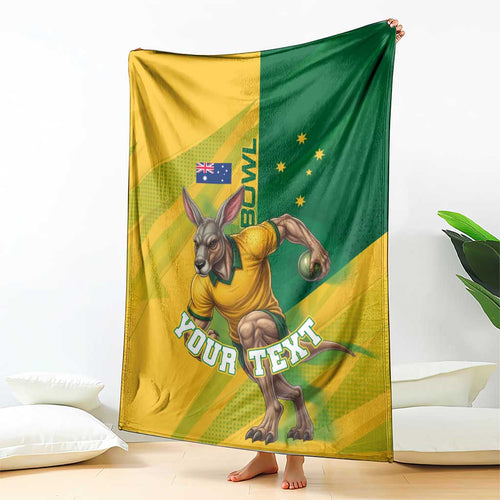 Personalized Australian Jackaroo Lawn Bowls Blanket Kangaroo Bowler Green Yellow National Spirit Mascot Art