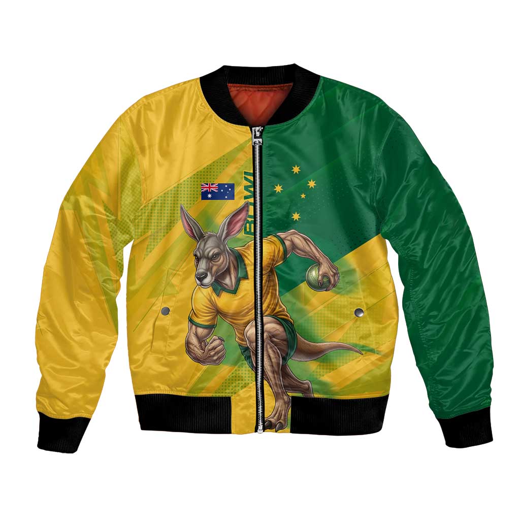 Personalized Australian Jackaroo Lawn Bowls Bomber Jacket Kangaroo Bowler Green Yellow National Spirit Mascot Art