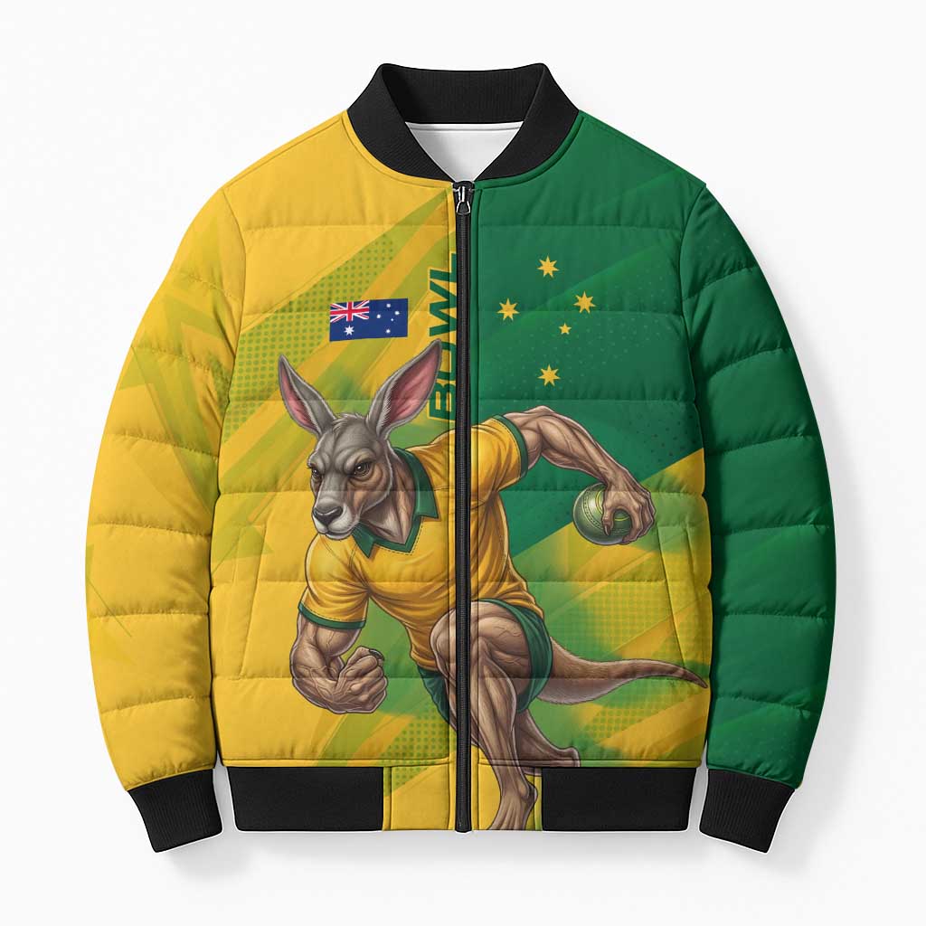 Personalized Australian Jackaroo Lawn Bowls Bomber Puffer Jacket Kangaroo Bowler Green Yellow National Spirit Mascot Art