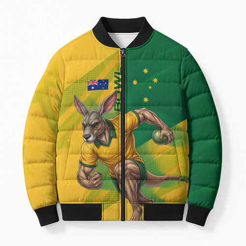 Personalized Australian Jackaroo Lawn Bowls Bomber Puffer Jacket Kangaroo Bowler Green Yellow National Spirit Mascot Art