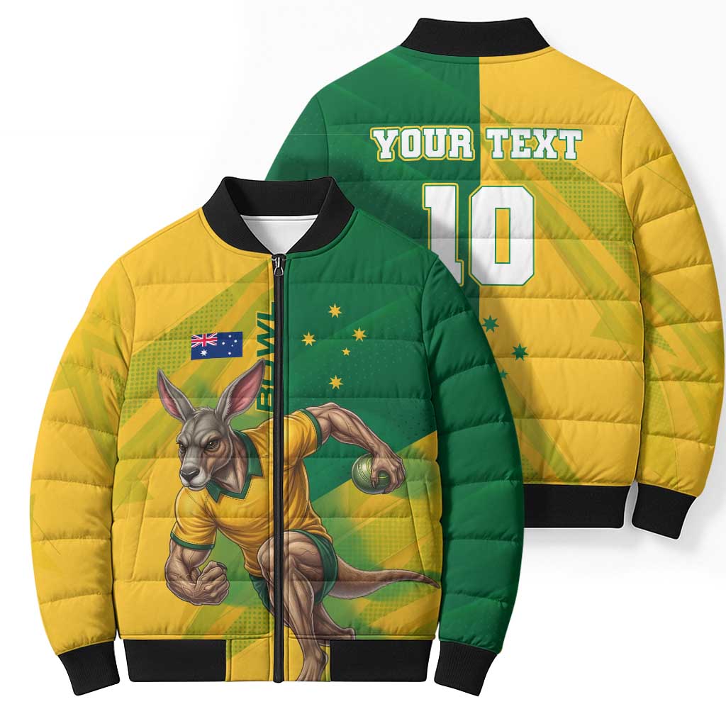 Personalized Australian Jackaroo Lawn Bowls Bomber Puffer Jacket Kangaroo Bowler Green Yellow National Spirit Mascot Art