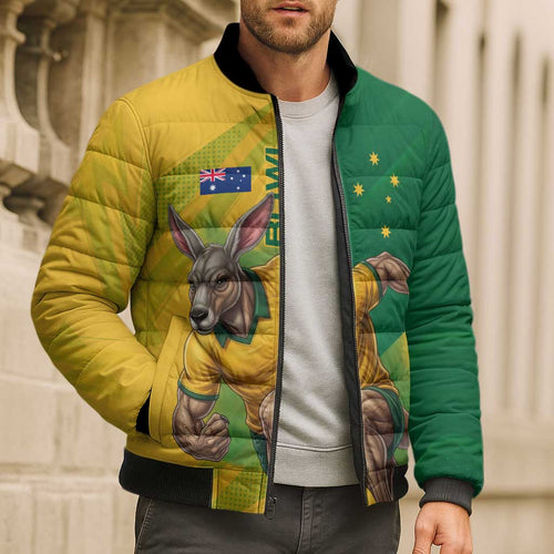 Personalized Australian Jackaroo Lawn Bowls Bomber Puffer Jacket Kangaroo Bowler Green Yellow National Spirit Mascot Art