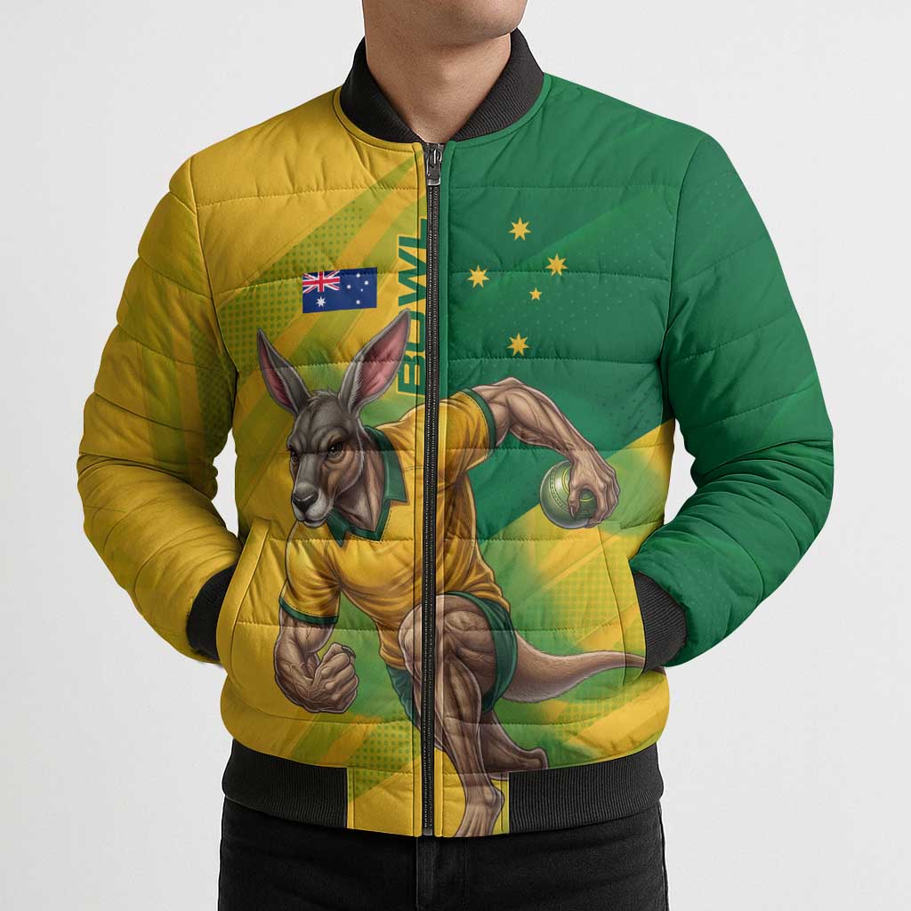 Personalized Australian Jackaroo Lawn Bowls Bomber Puffer Jacket Kangaroo Bowler Green Yellow National Spirit Mascot Art
