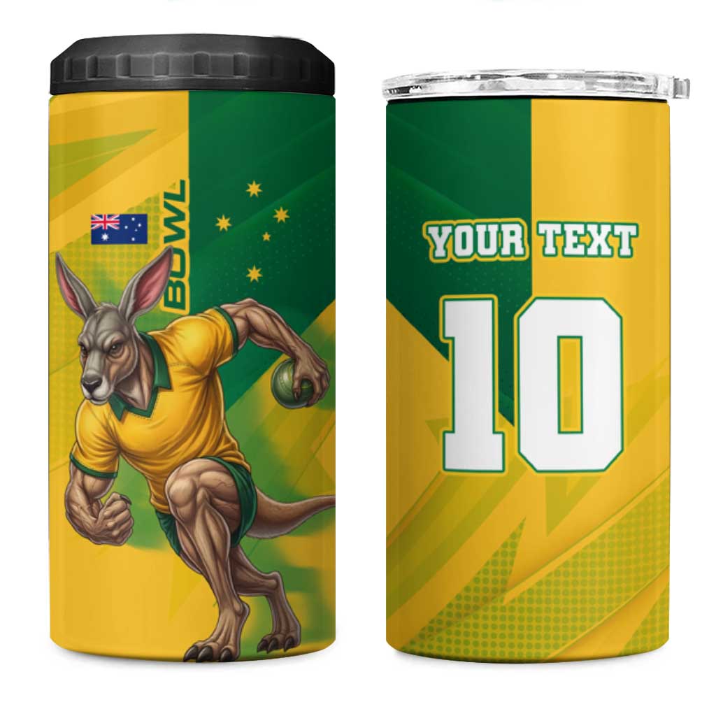 Personalized Australian Jackaroo Lawn Bowls 4 in 1 Can Cooler Tumbler Kangaroo Bowler Green Yellow National Spirit Mascot Art