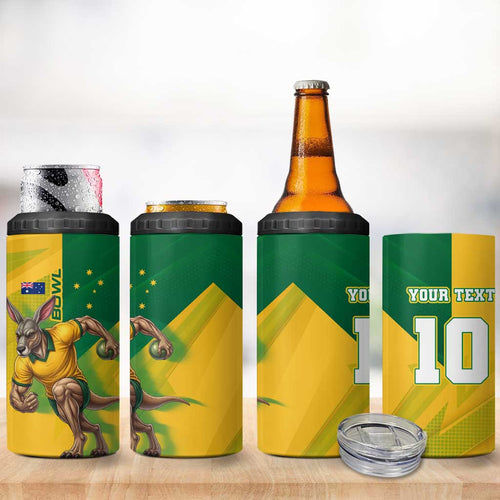 Personalized Australian Jackaroo Lawn Bowls 4 in 1 Can Cooler Tumbler Kangaroo Bowler Green Yellow National Spirit Mascot Art