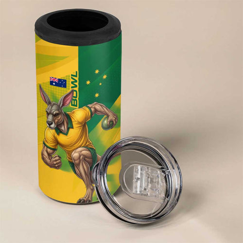Personalized Australian Jackaroo Lawn Bowls 4 in 1 Can Cooler Tumbler Kangaroo Bowler Green Yellow National Spirit Mascot Art