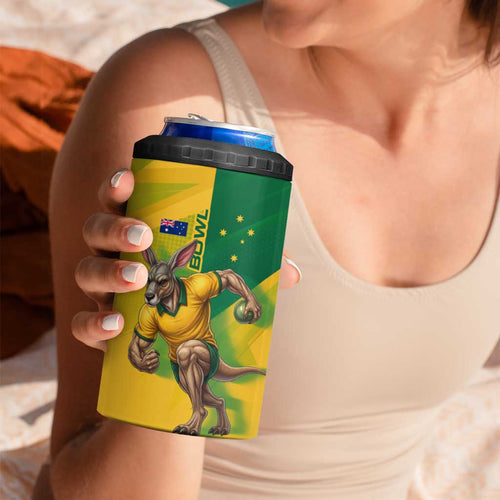 Personalized Australian Jackaroo Lawn Bowls 4 in 1 Can Cooler Tumbler Kangaroo Bowler Green Yellow National Spirit Mascot Art