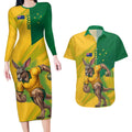 Personalized Australian Jackaroo Lawn Bowls Couples Matching Long Sleeve Bodycon Dress and Hawaiian Shirt Kangaroo Bowler Green Yellow National Spirit Mascot Art