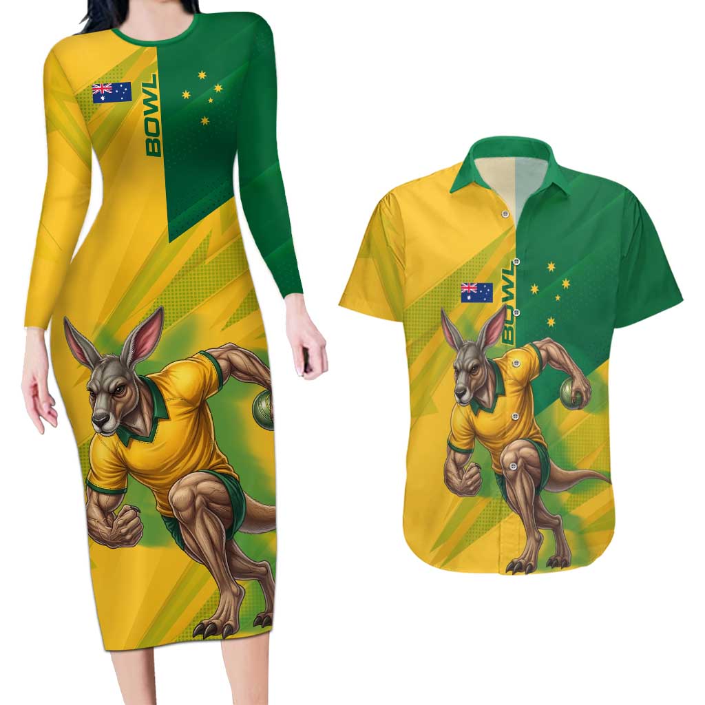 Personalized Australian Jackaroo Lawn Bowls Couples Matching Long Sleeve Bodycon Dress and Hawaiian Shirt Kangaroo Bowler Green Yellow National Spirit Mascot Art