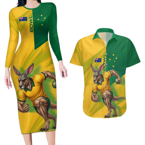 Personalized Australian Jackaroo Lawn Bowls Couples Matching Long Sleeve Bodycon Dress and Hawaiian Shirt Kangaroo Bowler Green Yellow National Spirit Mascot Art