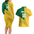 Personalized Australian Jackaroo Lawn Bowls Couples Matching Long Sleeve Bodycon Dress and Hawaiian Shirt Kangaroo Bowler Green Yellow National Spirit Mascot Art