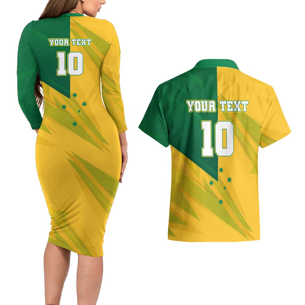 Personalized Australian Jackaroo Lawn Bowls Couples Matching Long Sleeve Bodycon Dress and Hawaiian Shirt Kangaroo Bowler Green Yellow National Spirit Mascot Art