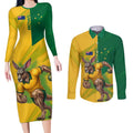 Personalized Australian Jackaroo Lawn Bowls Couples Matching Long Sleeve Bodycon Dress and Long Sleeve Button Shirt Kangaroo Bowler Green Yellow National Spirit Mascot Art
