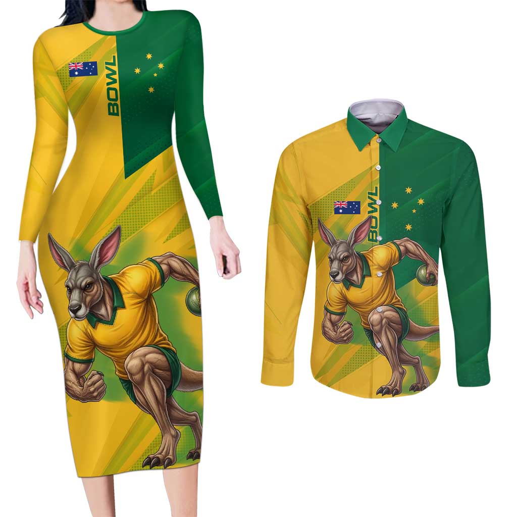 Personalized Australian Jackaroo Lawn Bowls Couples Matching Long Sleeve Bodycon Dress and Long Sleeve Button Shirt Kangaroo Bowler Green Yellow National Spirit Mascot Art