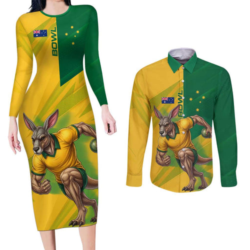 Personalized Australian Jackaroo Lawn Bowls Couples Matching Long Sleeve Bodycon Dress and Long Sleeve Button Shirt Kangaroo Bowler Green Yellow National Spirit Mascot Art