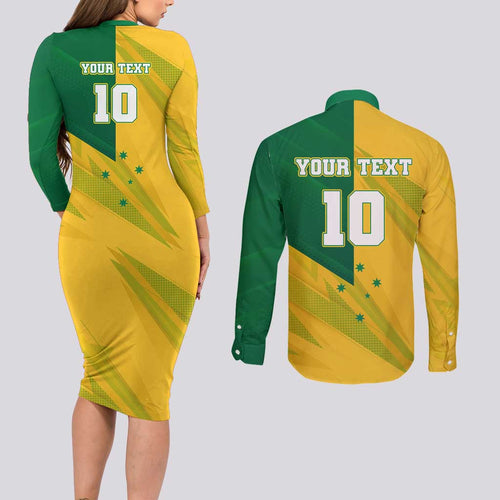 Personalized Australian Jackaroo Lawn Bowls Couples Matching Long Sleeve Bodycon Dress and Long Sleeve Button Shirt Kangaroo Bowler Green Yellow National Spirit Mascot Art
