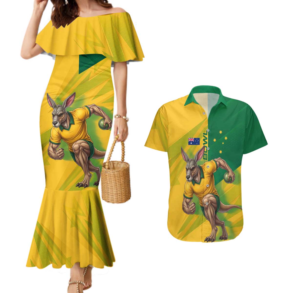 Personalized Australian Jackaroo Lawn Bowls Couples Matching Mermaid Dress and Hawaiian Shirt Kangaroo Bowler Green Yellow National Spirit Mascot Art