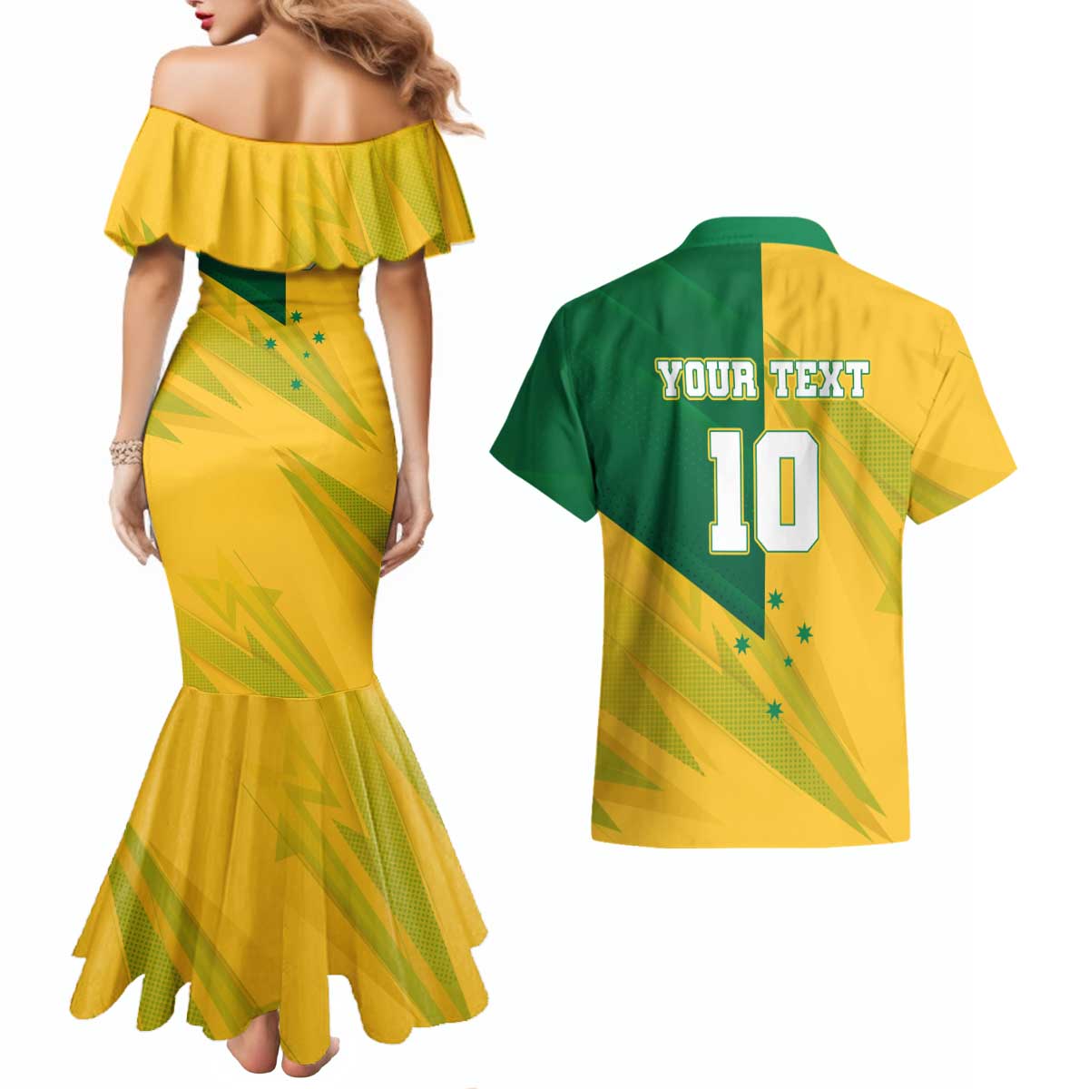 Personalized Australian Jackaroo Lawn Bowls Couples Matching Mermaid Dress and Hawaiian Shirt Kangaroo Bowler Green Yellow National Spirit Mascot Art